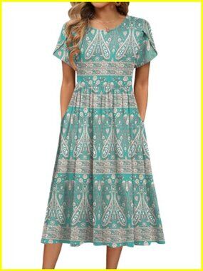 A-Line Midi Dress with Pockets Floral Summer Short Sleeve Flowy Casual